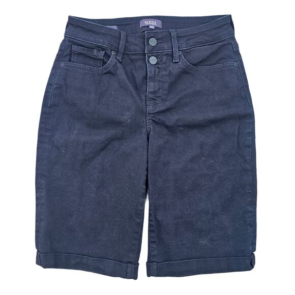 Black Denim Bermuda Shorts NYDJ Briella Size 4 ButtonFly Stretch Jeans Cuffed - Picture 1 of 6